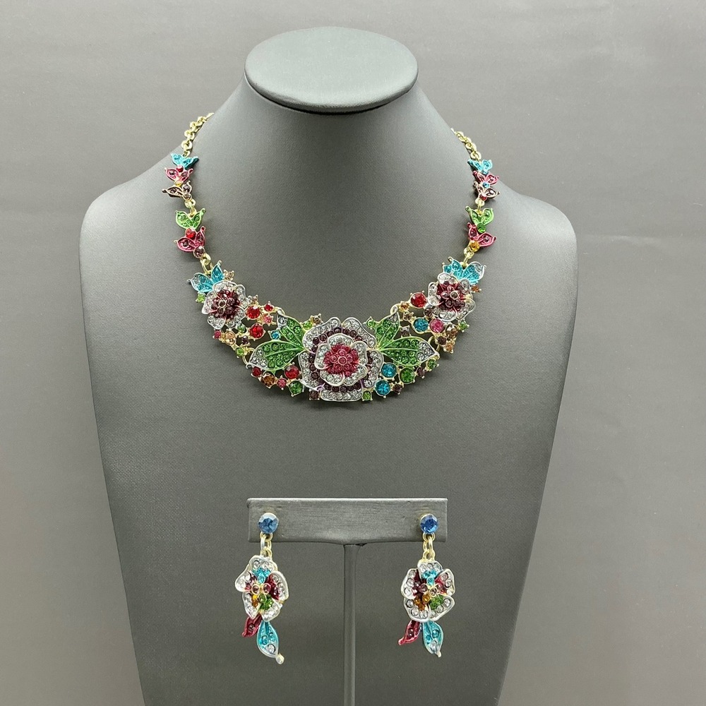 Floral Bib Necklace Earring Set Women Multicolor Rhinestone Enamel Gold Tone
